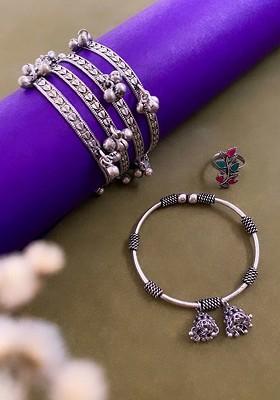 Set of 3 German Silver Plated And Stone Studded Jewellery Set