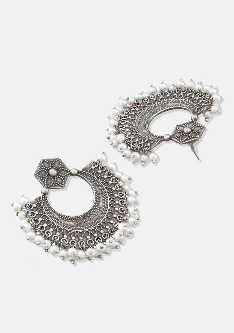 Set of 4 Silver Plated Pearl Beaded And Stone Studded Jewellery Set