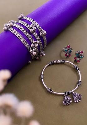 Set of 3 German Silver Plated And Stone Studded Bangles And Toe Rings