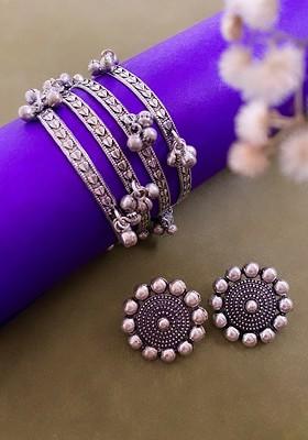 Set of 2 German Silver Plated And Floral Shaped Stone Studded Jewellery Set