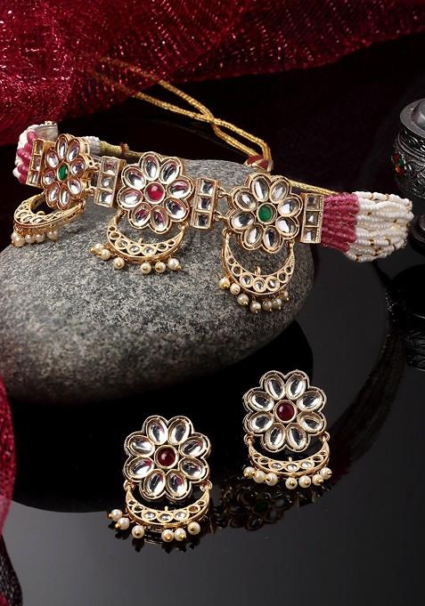 Gold Plated Kundan Studded And Beaded Jewellery Set