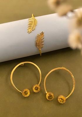 Set Of 2 Gold Plated Stone Studded Leaf And Circular Shaped Bracelet With Earrings