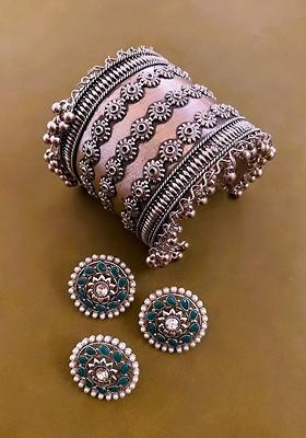 Set Of 3 Silver Plated Stone Studded And Beads Beaded Jewellery Set