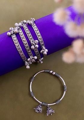 Set Of 5 German Silver Plated Ghunghroo Stone Studded Bangles