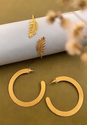 Set Of 2 Gold Plated Leaf And Circular Shaped Adjustable Bracelet With Earrings