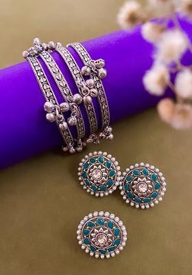 Silver Plated Stone Studded And Beaded Jewellery Set