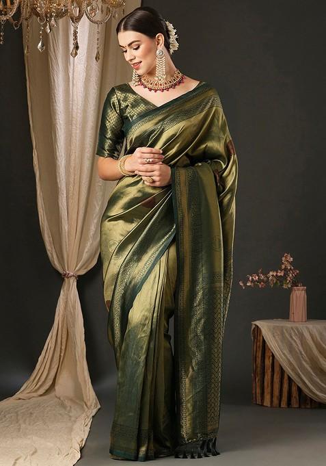 Green Ethnic Motifs Silk Blend Designer Banarasi Saree