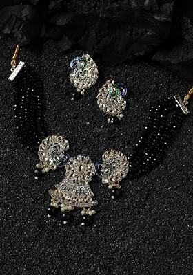 Black Silver-Plated Stone-Studded And Beaded Necklace And Earrings