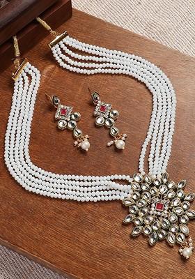 Gold-Plated Kundan-Studded And Pearl Beaded Jewellery Set