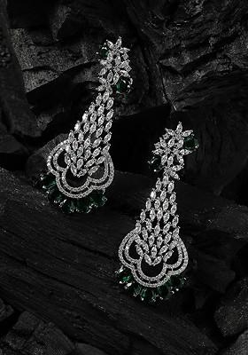 Green Silver-Plated AD Studded Contemporary Drop Earrings