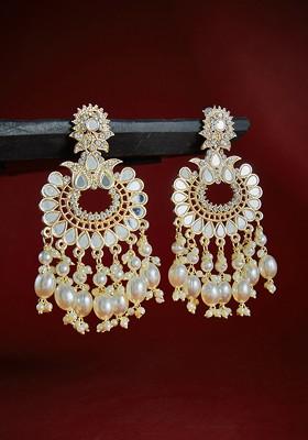 Gold Plated Stones Studded And Pearls Beaded Contemporary Drop Earrings