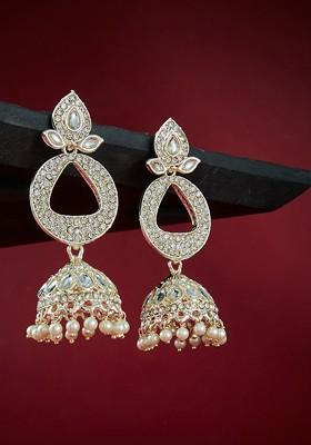 Gold Plated Kundan Studded Contemporary Jhumkas Earrings