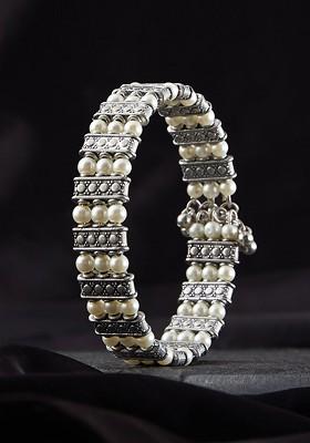 Silver Plated Pearl Beaded Adjustable Bangle Style Bracelet