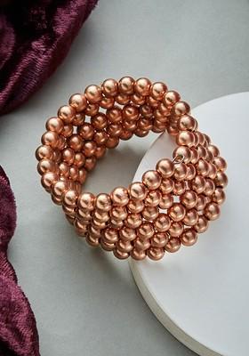 Copper Plated And Beaded Layered Adjustable Spiral Bangle Style Bracelet