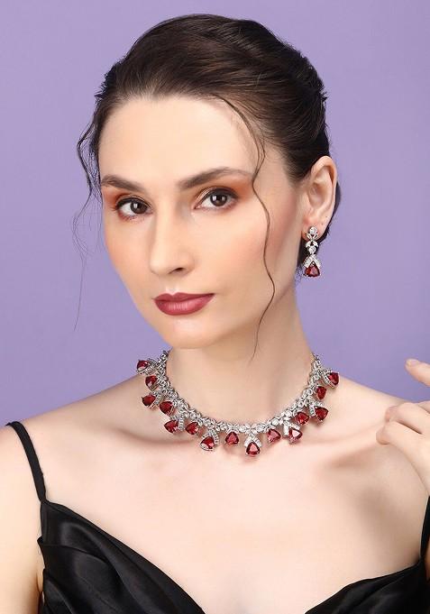 Women Silver-Plated Cubic Zirconia-Studded & Beaded Traditional Jewellery Set