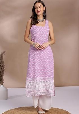 Women Violet Floral Embroidered Sleeveless Sequined Pure Cotton Chikankari Kurta