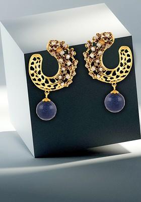 Gold Plated Stone Studded And Pearl Bead Drop Earrings