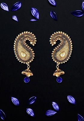 Gold Plated Stone Studded And Pearl Bead Paisley Shaped Drop Earrings