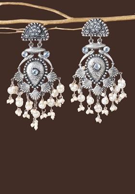 Silver Plated Earrings Stone Studded And Beaded Drop Earrings