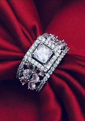 Silver Plated CZ Studded Adjustable Finger Ring