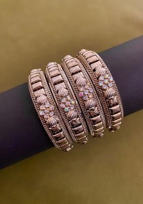 Set Of 4 Silver Plated Stones Studded Floral Shaped Bangles