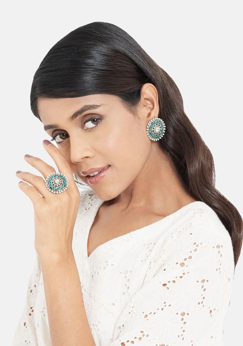 German Silver Stone Studded Jewellery Set