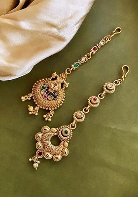 Set Of 2 Gold Plated Stone Studded Floral Shaped Maangtikka