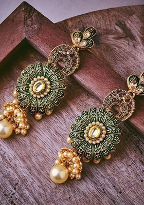 Gold Plated Stone Studded Beaded Contemporary Drop Earrings