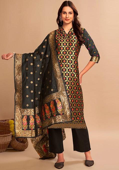 Ethnic Motifs Zari Regular Chanderi Silk Kurta With Trousers And Dupatta