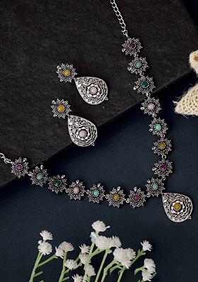 German Silver Plated Stones And Studded And Beaded Jewellery Set