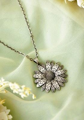 German Silver Plated Floral Shaped Pendant With Chain