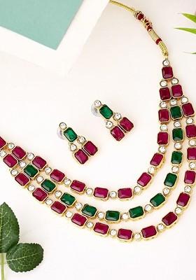 Gold Plated Kundan Stone Studded And Layered Jewellery set