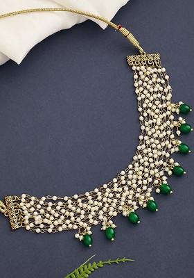 Gold Plated Stone Studded And Beaded Brass Choker Necklace