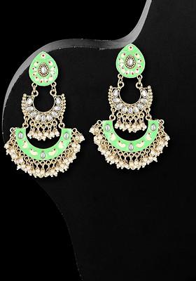 24 CT Gold Plated Stone Studded And Bead Classic Drop Earrings