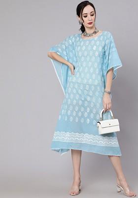 Ethnic Motifs Print Round Neck Kimono Sleeve Kaftan Midi Casual Dress