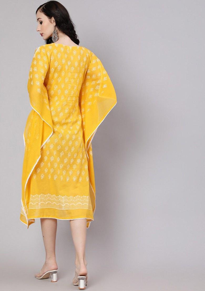 Ethnic Motifs Print Round Neck Kimono Sleeve Kaftan Midi Casual Dress