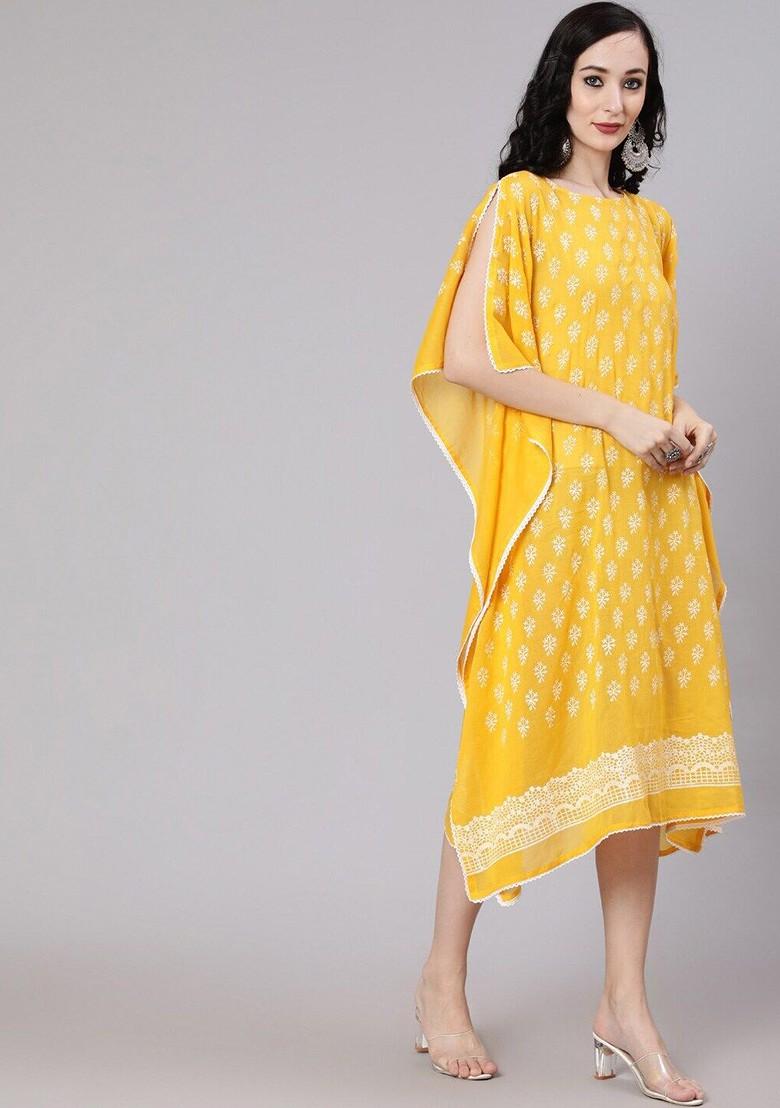 Ethnic Motifs Print Round Neck Kimono Sleeve Kaftan Midi Casual Dress