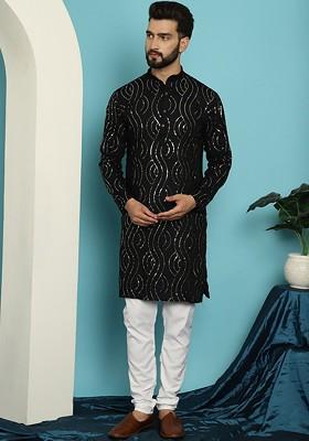 Geometric Embroidered Mandarin Collar Long Sleeves Pure Cotton Kurta With Churidar