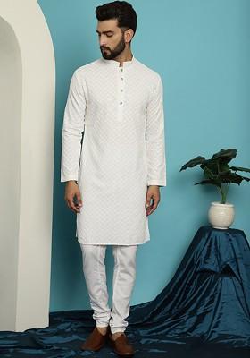Geometric Embroidered Sequin Mandarin Collar Pure Cotton Kurta With Churidar