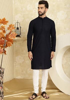 Geometric Embroidered Mandarin Collar Long Sleeves Pure Cotton Kurta With Churidar