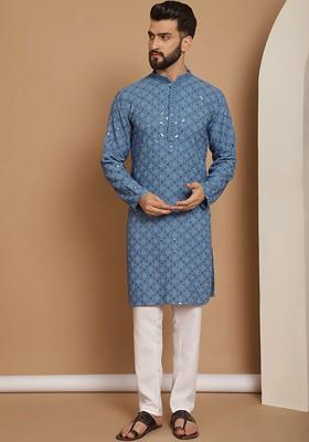 Blue Embroidered Regular Thread Work Pure Cotton Kurta With Churidar