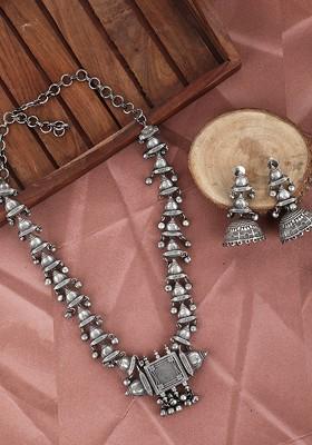 Silver-Toned Silver-Plated Oxidised Jewellery Set