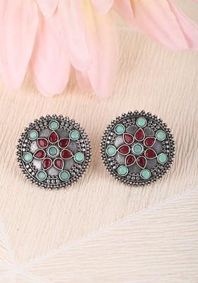 Red Silver-Plated Oxidised Stone Studded Contemporary Drop Earrings
