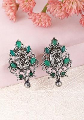 Silver-Plated Stone-Studded Contemporary Oxidised Drop Earrings