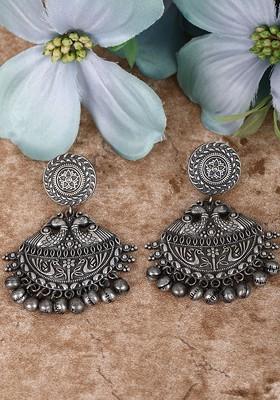 Silver-Plated Beaded Contemporary Oxidised Drop Earrings