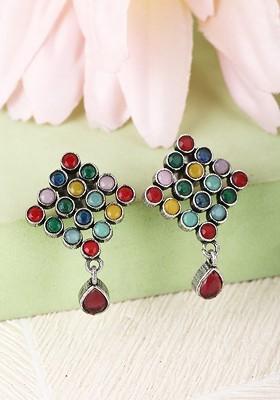 Silver-Plated Stone-Studded Contemporary Oxidised Drop Earrings