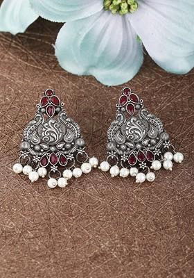 Silver-Plated Stone-Studded Contemporary Oxidised Drop Earrings