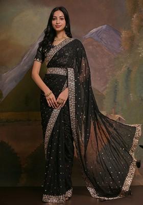 Black And Brown Floral Embellished Sequinned Pure Georgette Saree