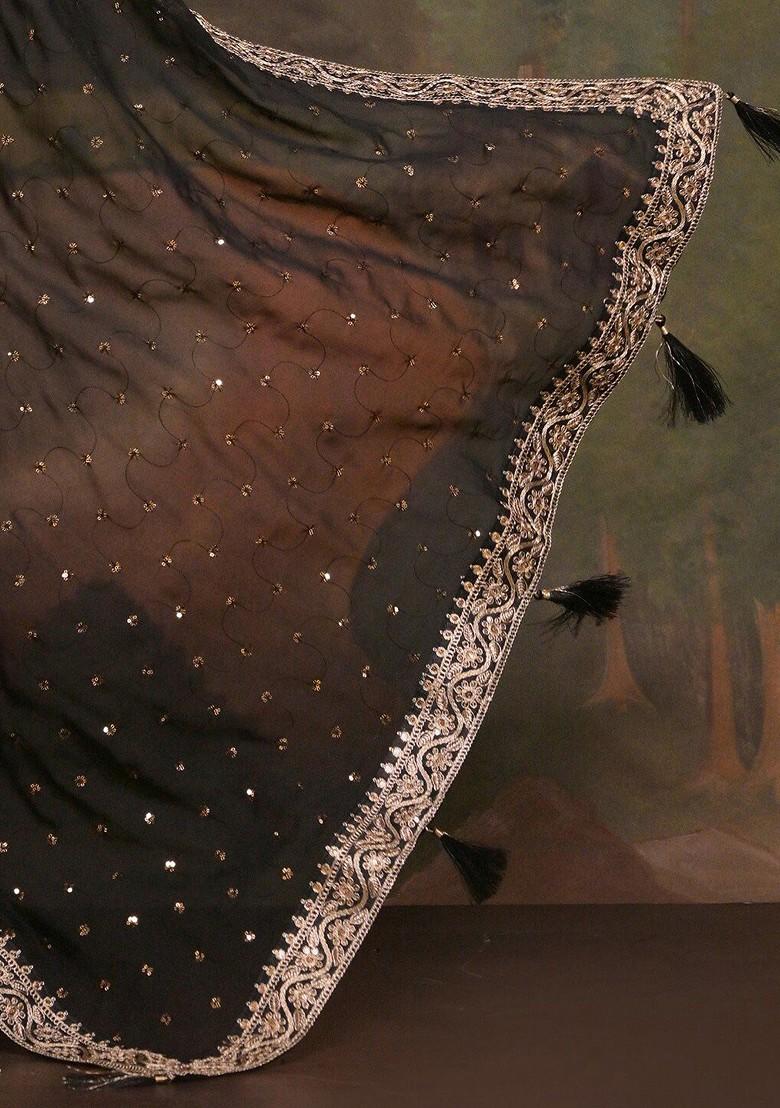Black And Brown Floral Embellished Sequinned Pure Georgette Saree