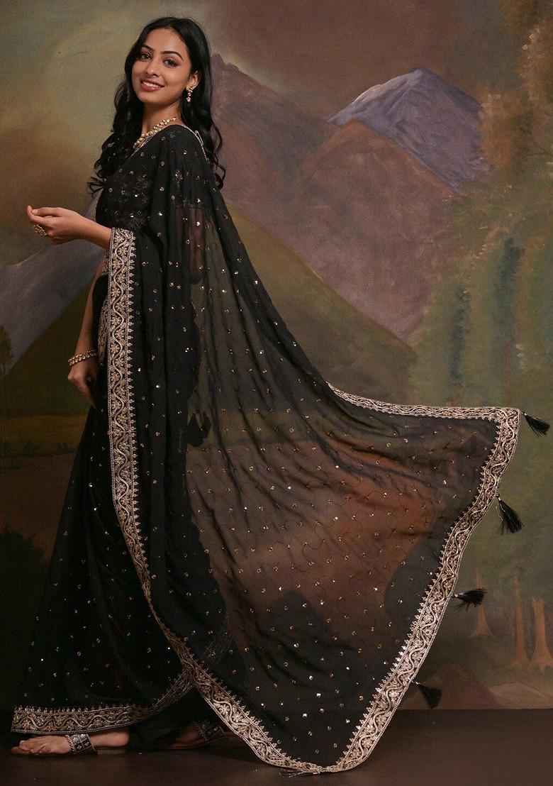 Black And Brown Floral Embellished Sequinned Pure Georgette Saree